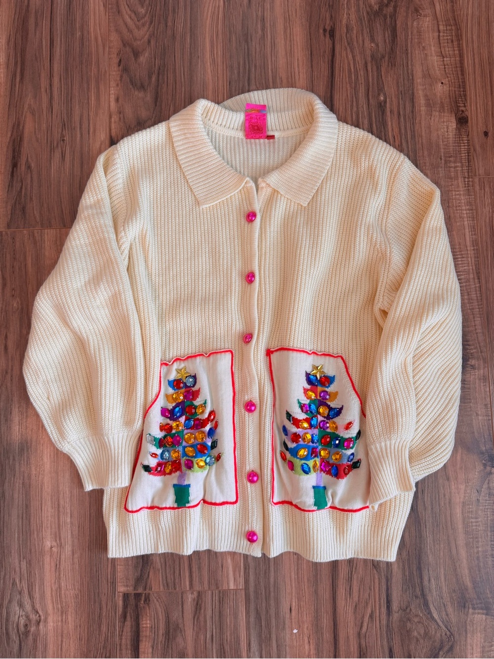 Queen of Sparkles Cozy Cream Christmas Tree Embroidered Cardigan Sweater - Picture 2 of 4